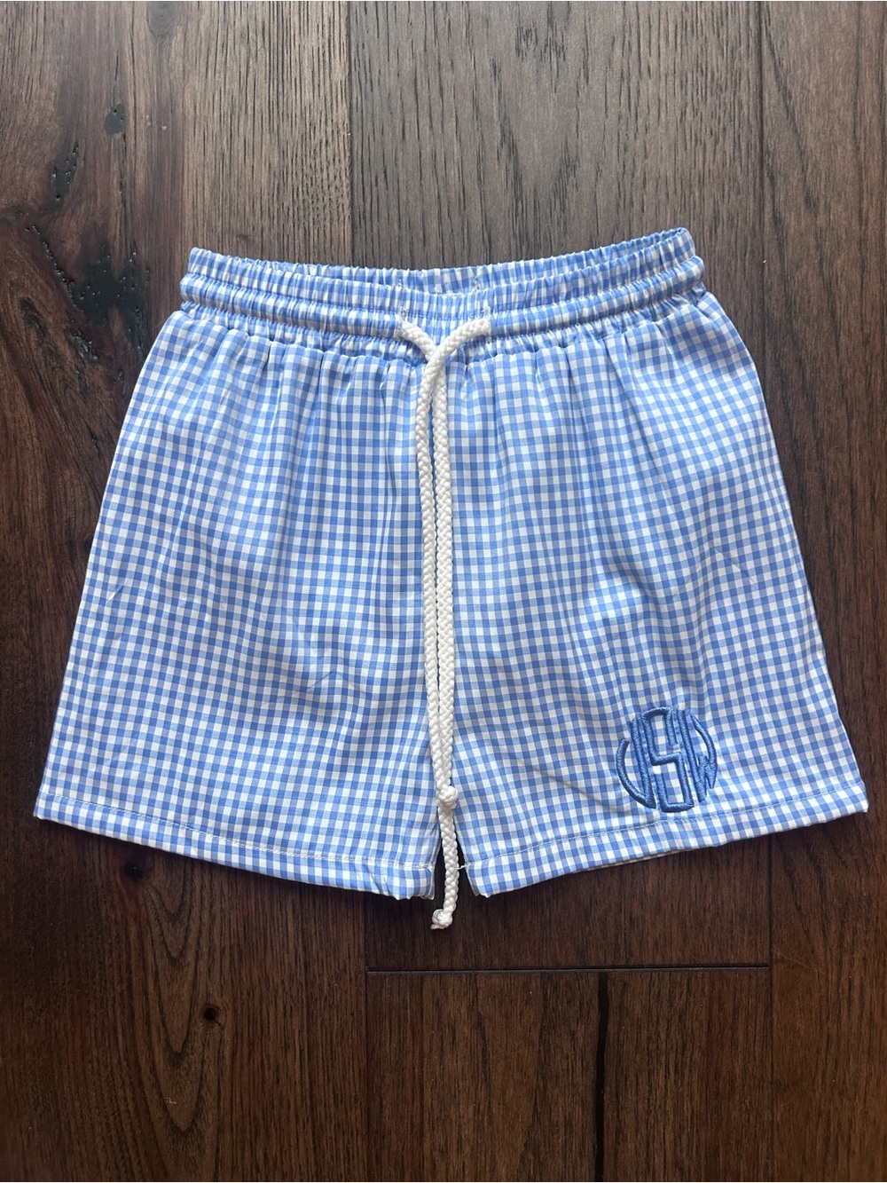 Boys Light Blue Gingham Swim Trunks with “JSW” Monogram